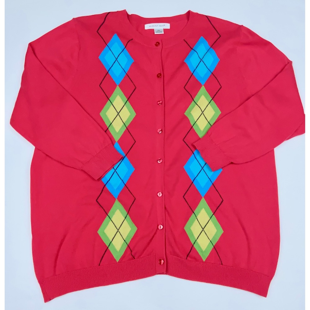 August Silk Argyle Cotton Cardigan Sweater Womens XXL Crew Neck Button Front